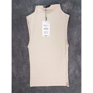 ZARA Sleeveless Mock Neck Top Women’s Medium Beige Minimalist Stretch Knit NWT